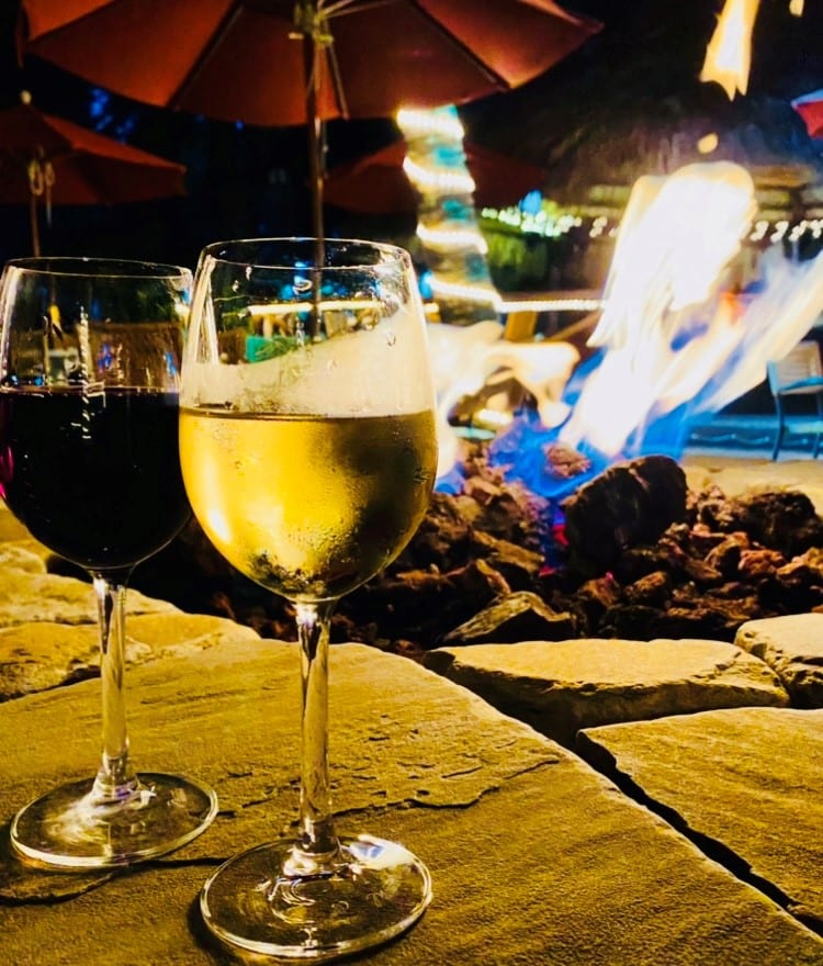 wine by the firepit at Waterway Cafe